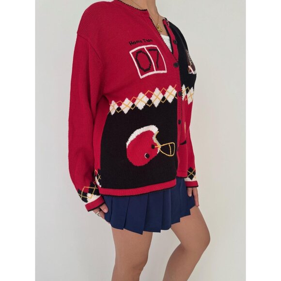 90s vintage red novelty football argyle print embroidered knit cardigan large XL - Picture 7 of 10